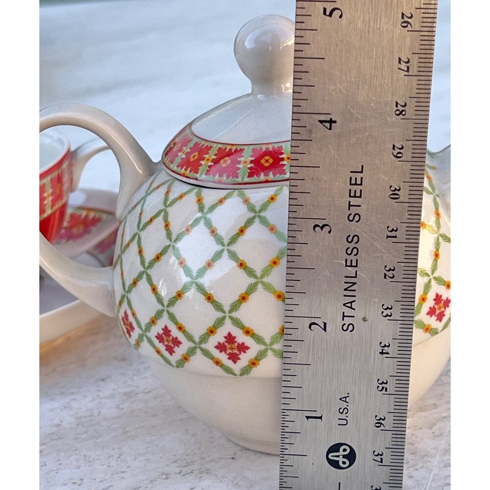 Harry & David 3 Piece Teapot & Cup Set Ceramic Red & Green Floral Plaid - Picture 9 of 13
